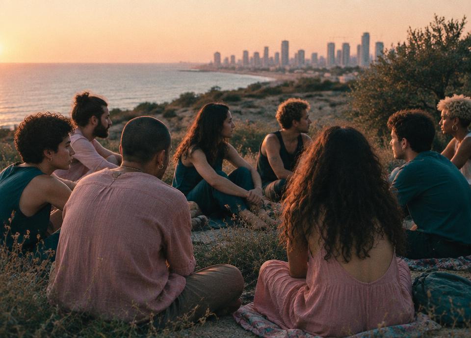 קהילה יושבת יחד בטבע בשעת ערב